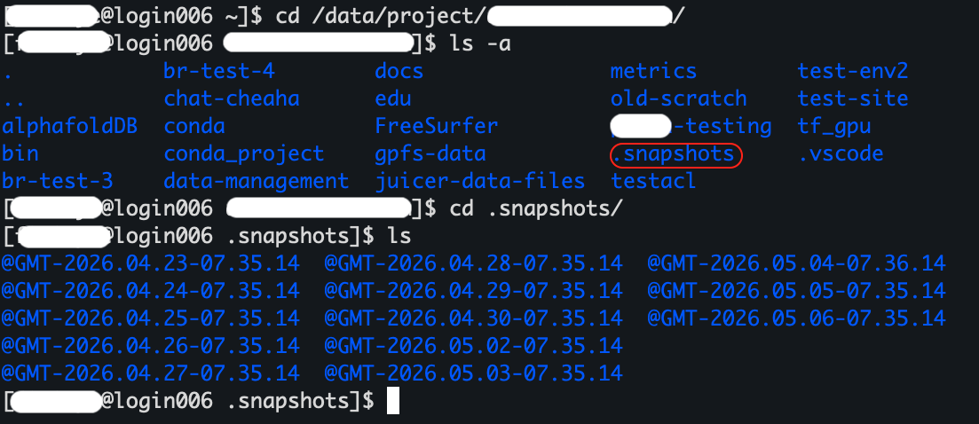 !Image of a Terminal showing commands to navigate a directory and files listed in the .snapshots directory
