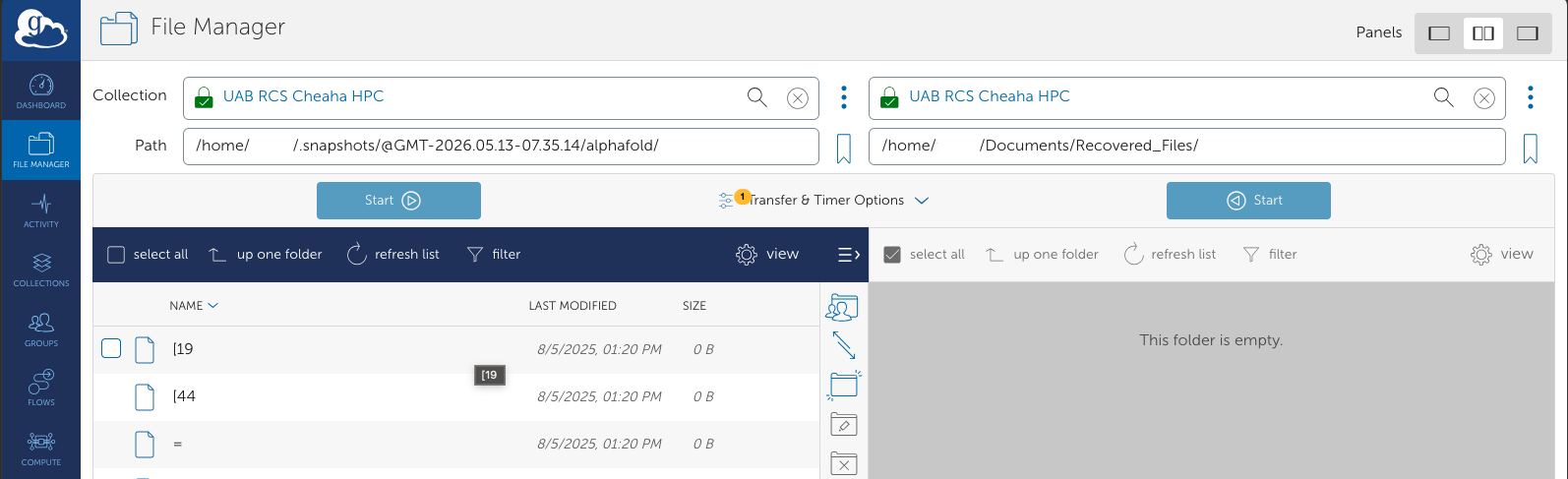 !Globus interface showing a Snapshots directory on the left pane